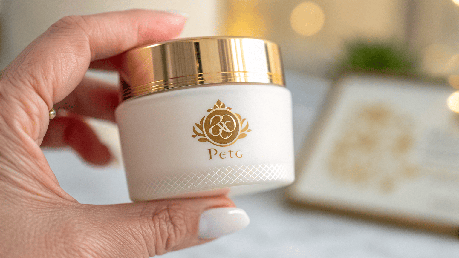 A close-up of a hand holding a thick PETG cosmetic jar beside precise gold foil hot stamping on a soft-touch surface