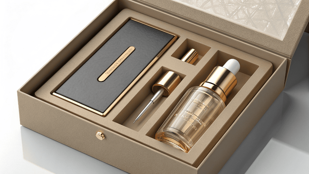 A custom cosmetic package with a molded insert holding an unusually shaped bottle and applicator securely in place