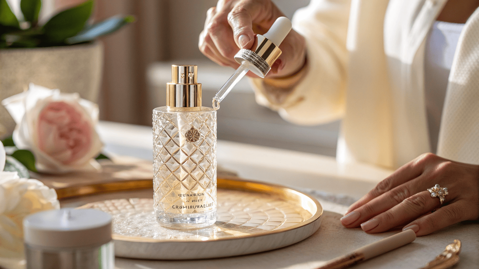 A person dispensing serum from a metal-accented glass dropper bottle, highlighting the luxurious feel of the packaging