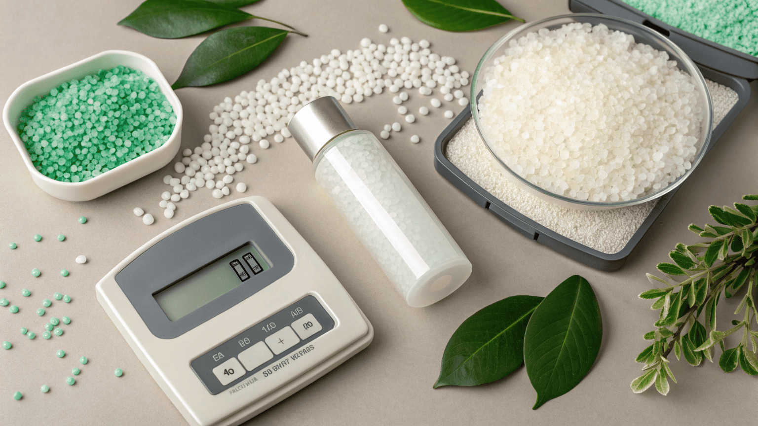 A collage showing PCR plastic pellets, a monomaterial bottle, a lightweight bottle on a scale, and a product without a box