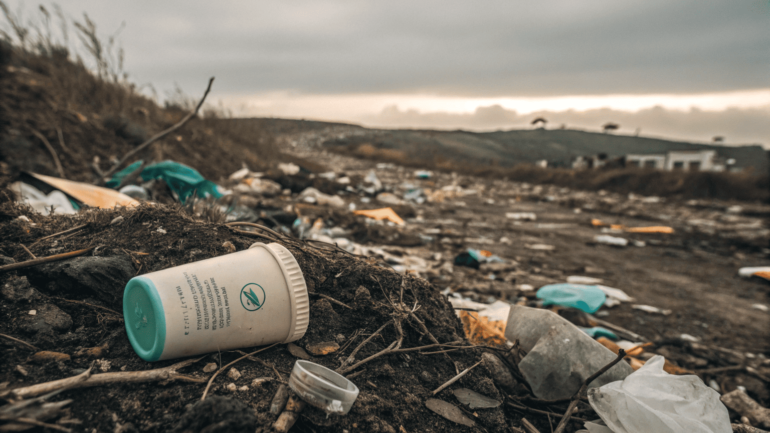 A compostable plastic container sitting in a landfill among other trash, showing it not breaking down