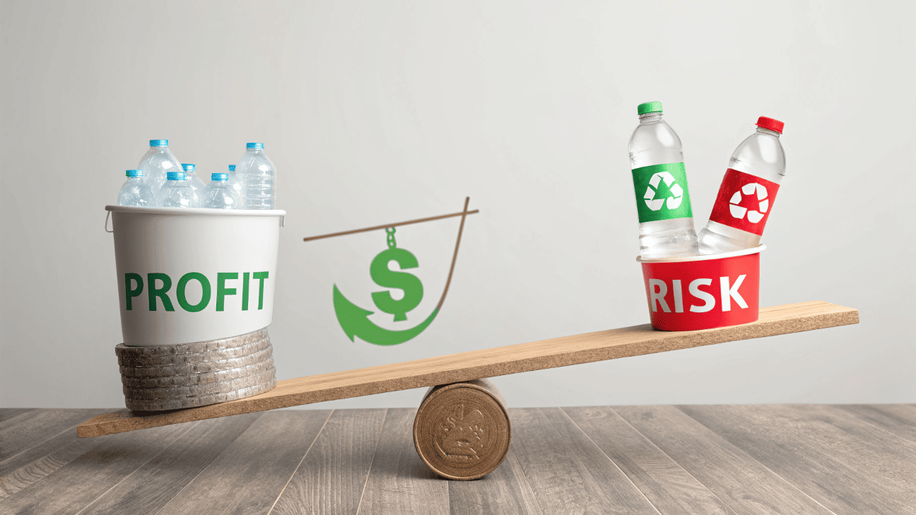 A seesaw balancing recyclable PET bottles on one side and a single compostable jar on the other