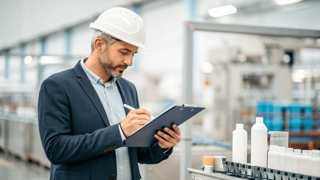 A procurement manager checking a packaging checklist while inspecting a cosmetic bottle sample in a modern factory background