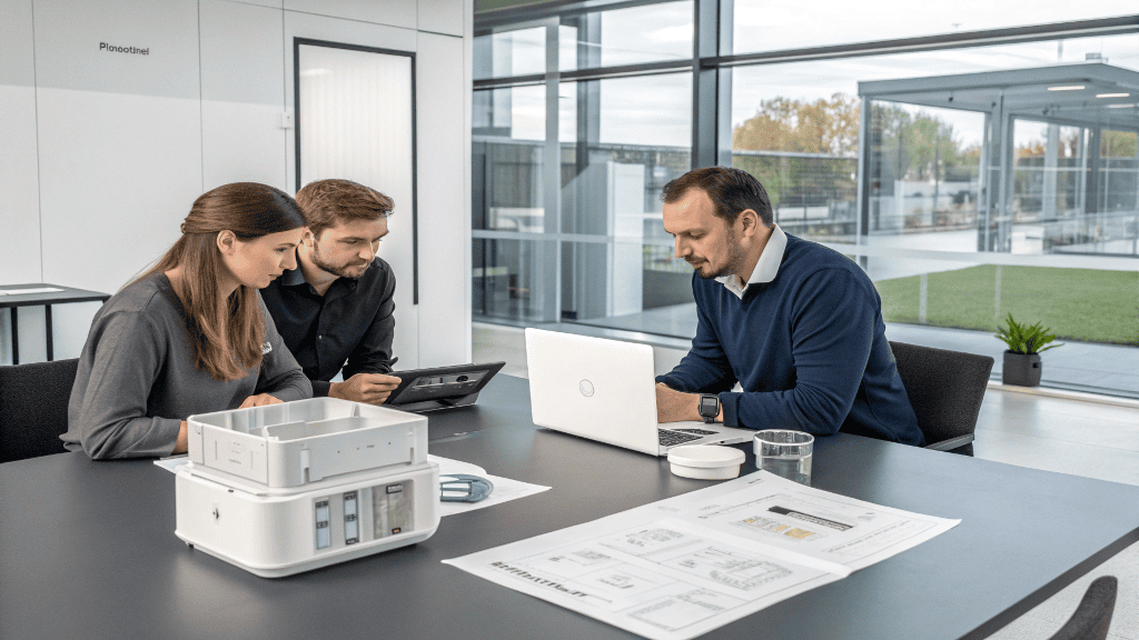 A brand manager pointing at a 3D-printed prototype while discussing packaging options with two engineers during a supplier meeting