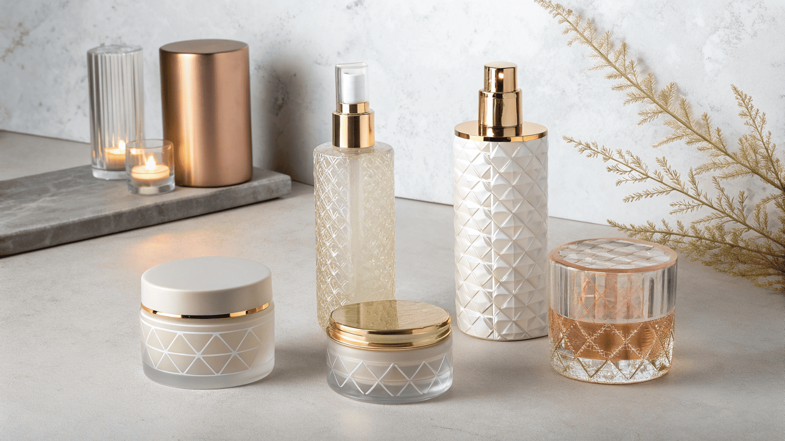 A collection of elegant cosmetic bottles and jars with frosted glass, glossy metallic finishes, and soft matte textures arranged under gentle lighting