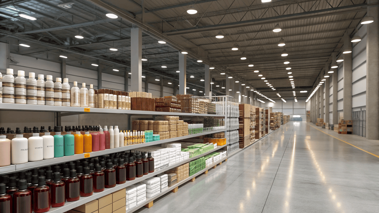 A large warehouse filled with colorful cosmetic packaging molds and finished bottles on organized shelves