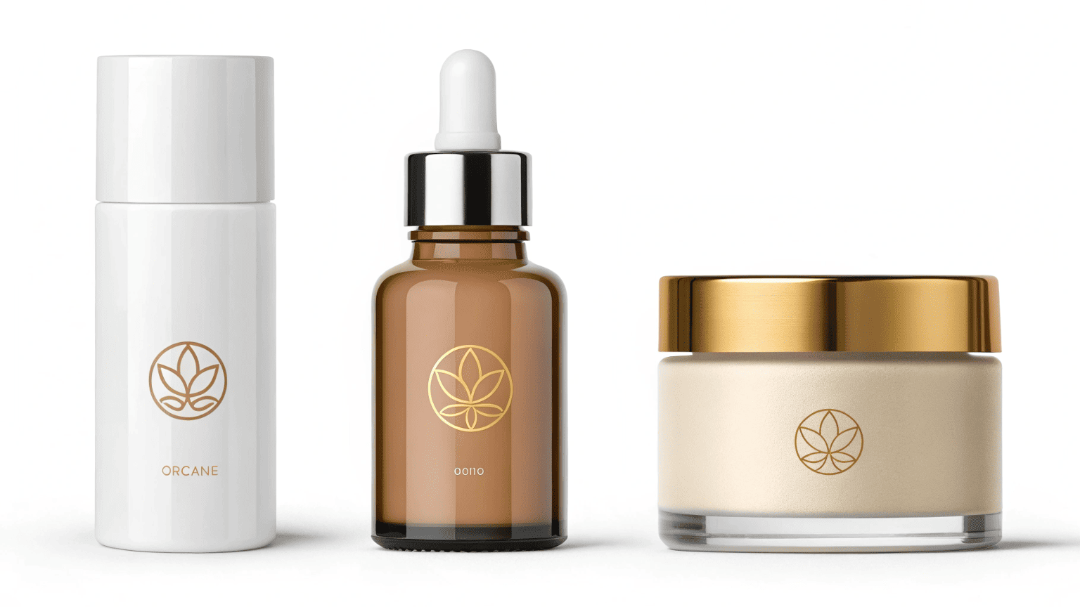 Three minimalist cosmetic products showing clinical, natural, and luxury packaging styles on a neutral surface