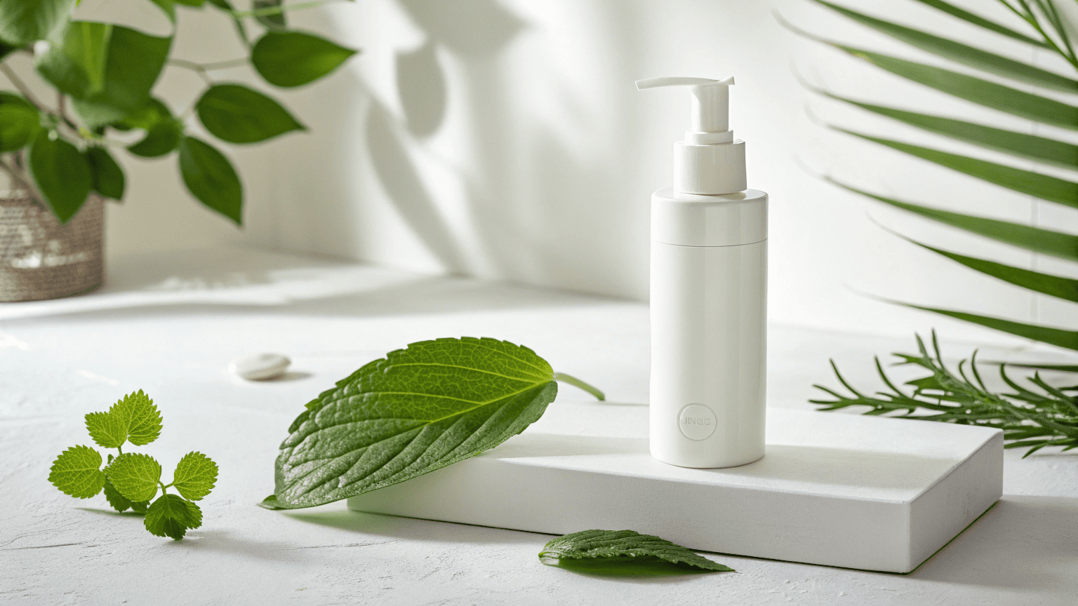 A modern cosmetic bottle made from recycled plastic placed beside a green leaf on a clean white surface