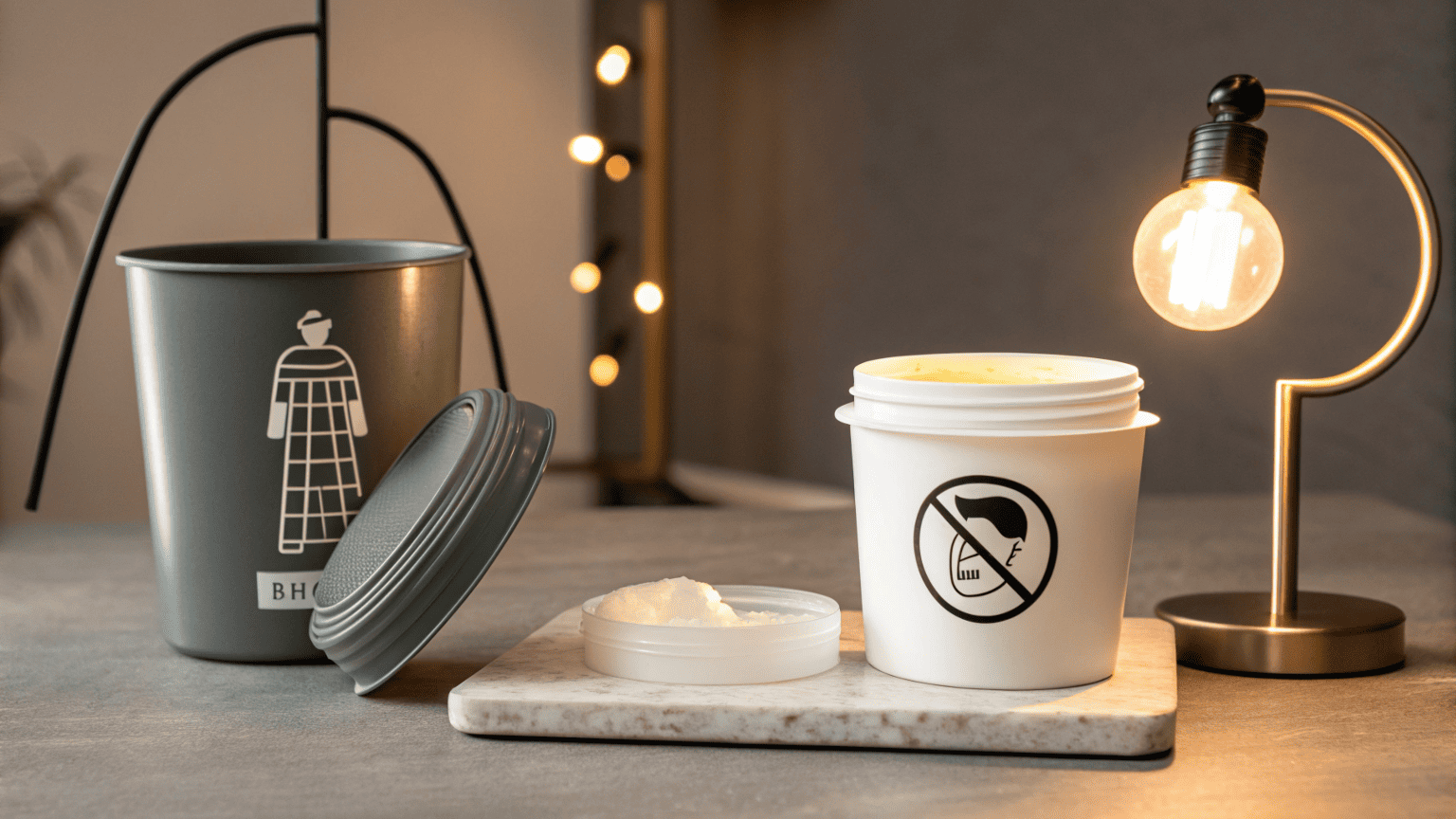 A softening PLA container under heat beside a landfill icon with a sad face symbol