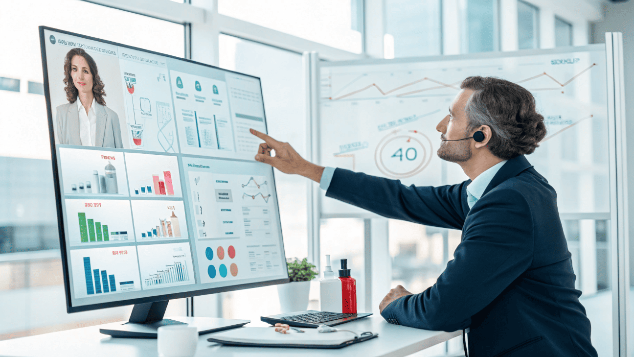 A bilingual project manager on a video call showing a quality control chart with packaging samples on the desk