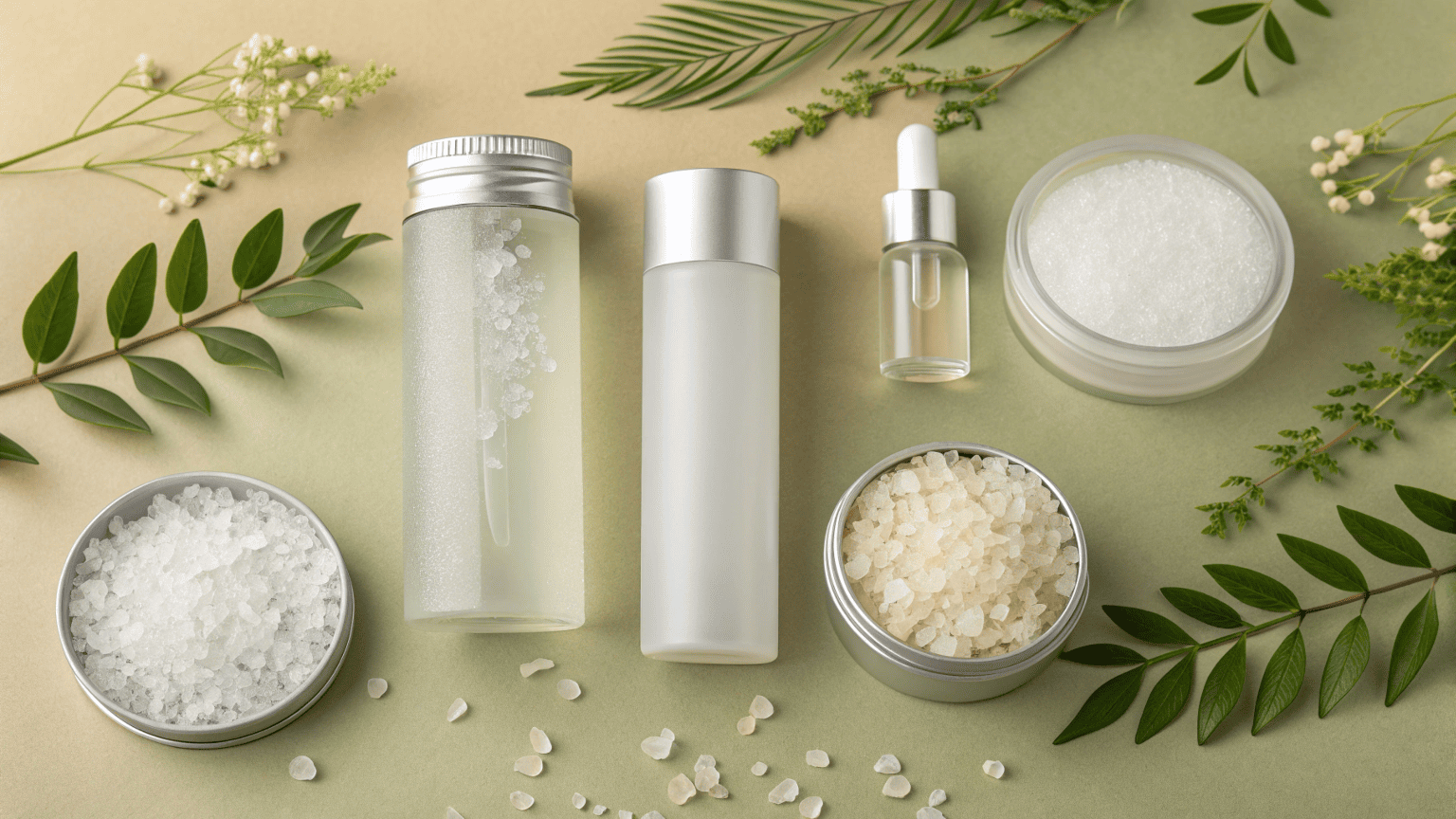 A lineup of eco-friendly raw materials: clear PCR plastic flakes, a glass bottle, and a roll of shiny aluminum
