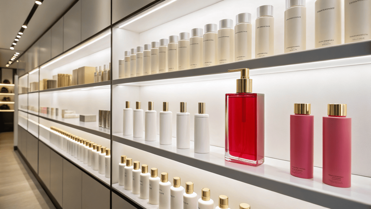 A retail shelf filled with beauty bottles where one uniquely shaped or brightly colored package stands out from the rest