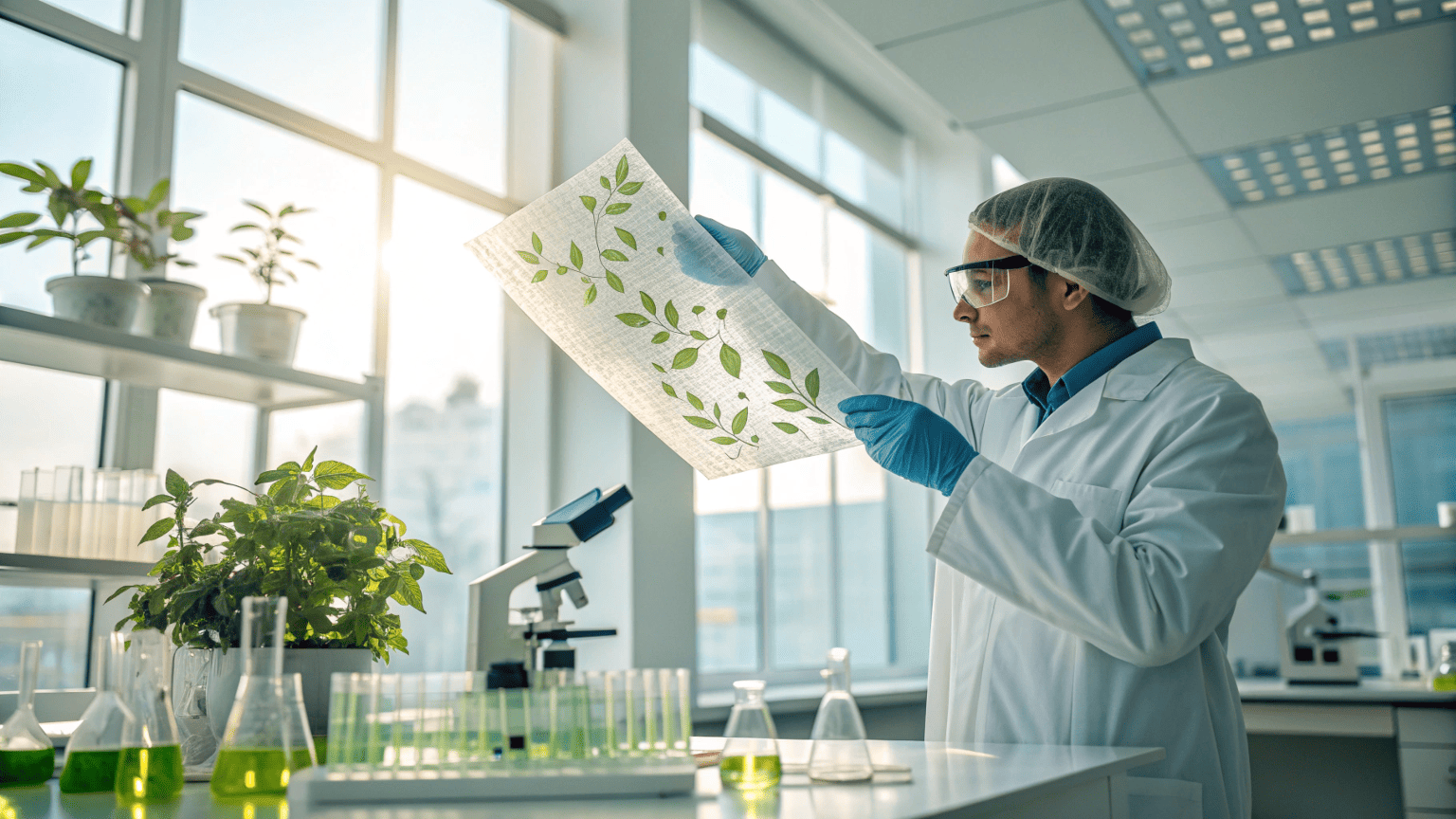 A scientist in a lab coat examining a translucent bioplastic sheet with plants and samples in the background