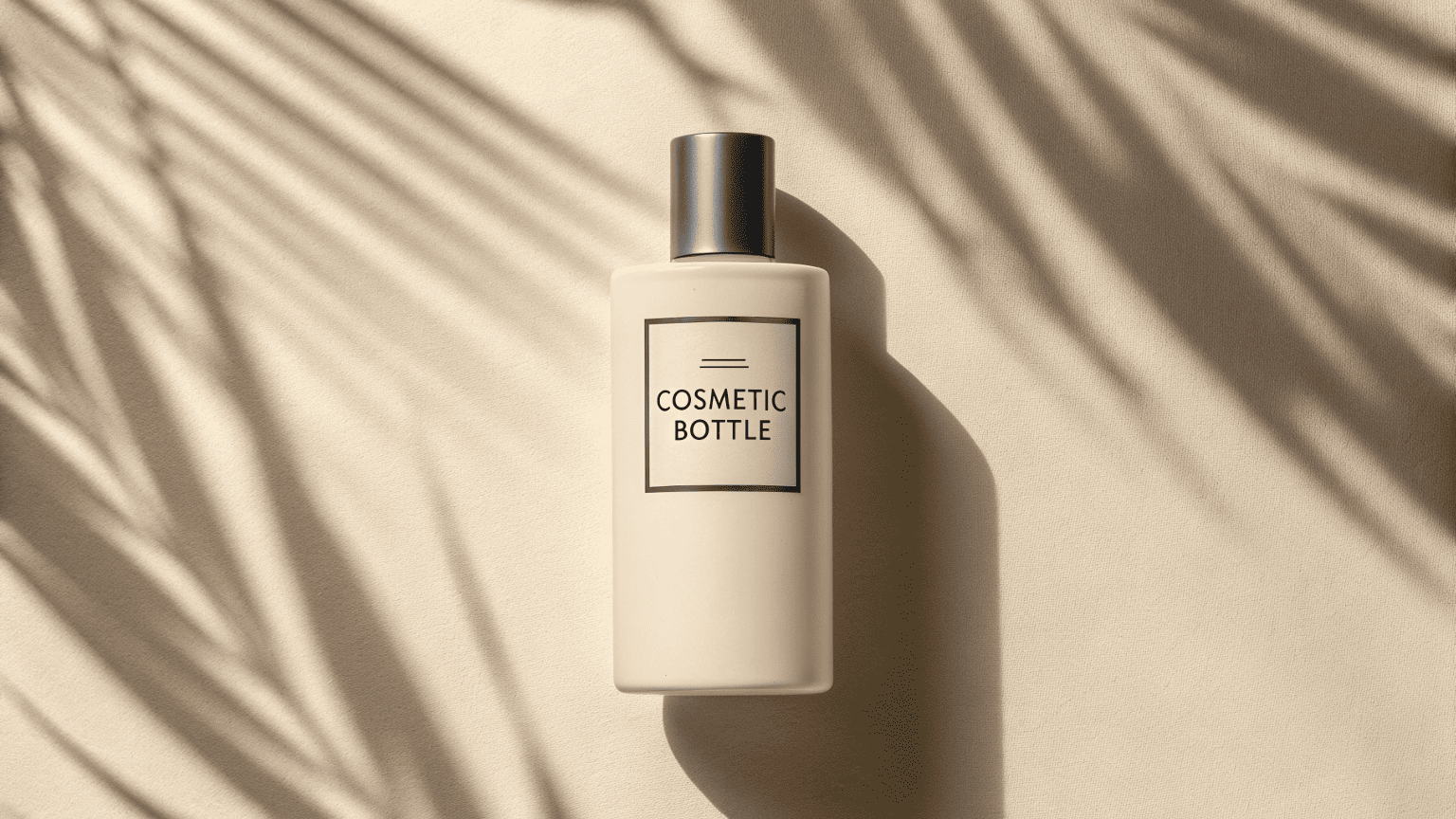 A single elegant cosmetic bottle with a clean black font on an off-white background, surrounded by soft natural shadows
