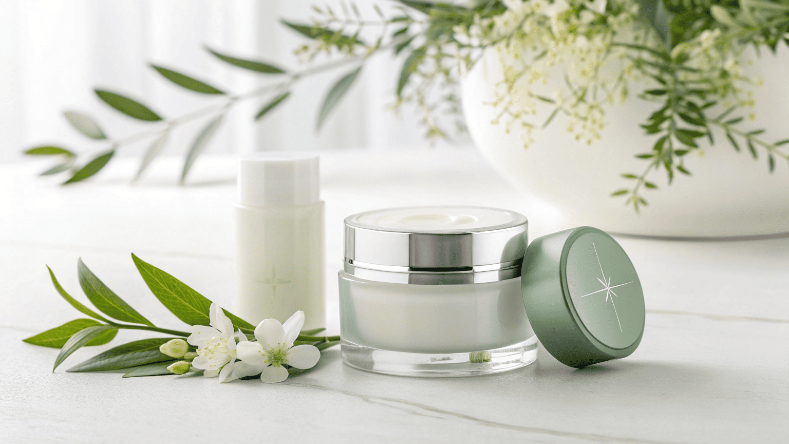 A sleek, refillable cosmetic jar beside its small replacement pod, with a soft green leaf background suggesting eco-friendliness