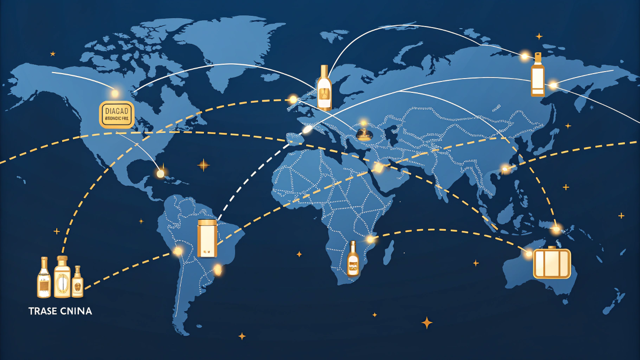 A world map highlighting trade routes from China to major beauty markets worldwide