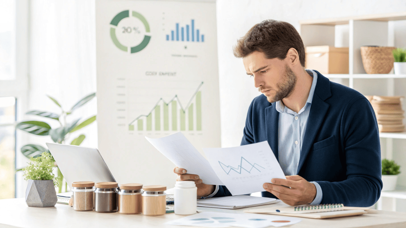 A factory manager reviewing cost charts showing high expenses and low market access for compostable packaging