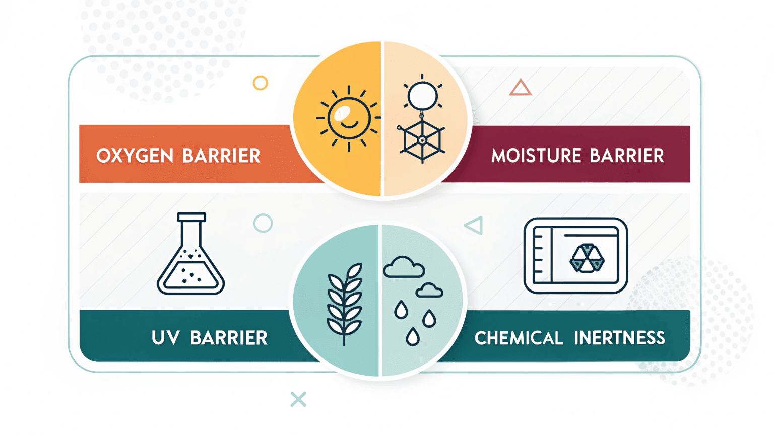 An infographic showing four icons symbolizing oxygen, moisture, UV light, and chemical interaction barriers in cosmetic packaging