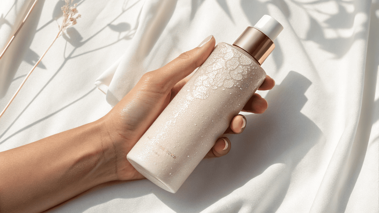A hand holding a matte cosmetic bottle showing a soft-touch surface under gentle lighting
