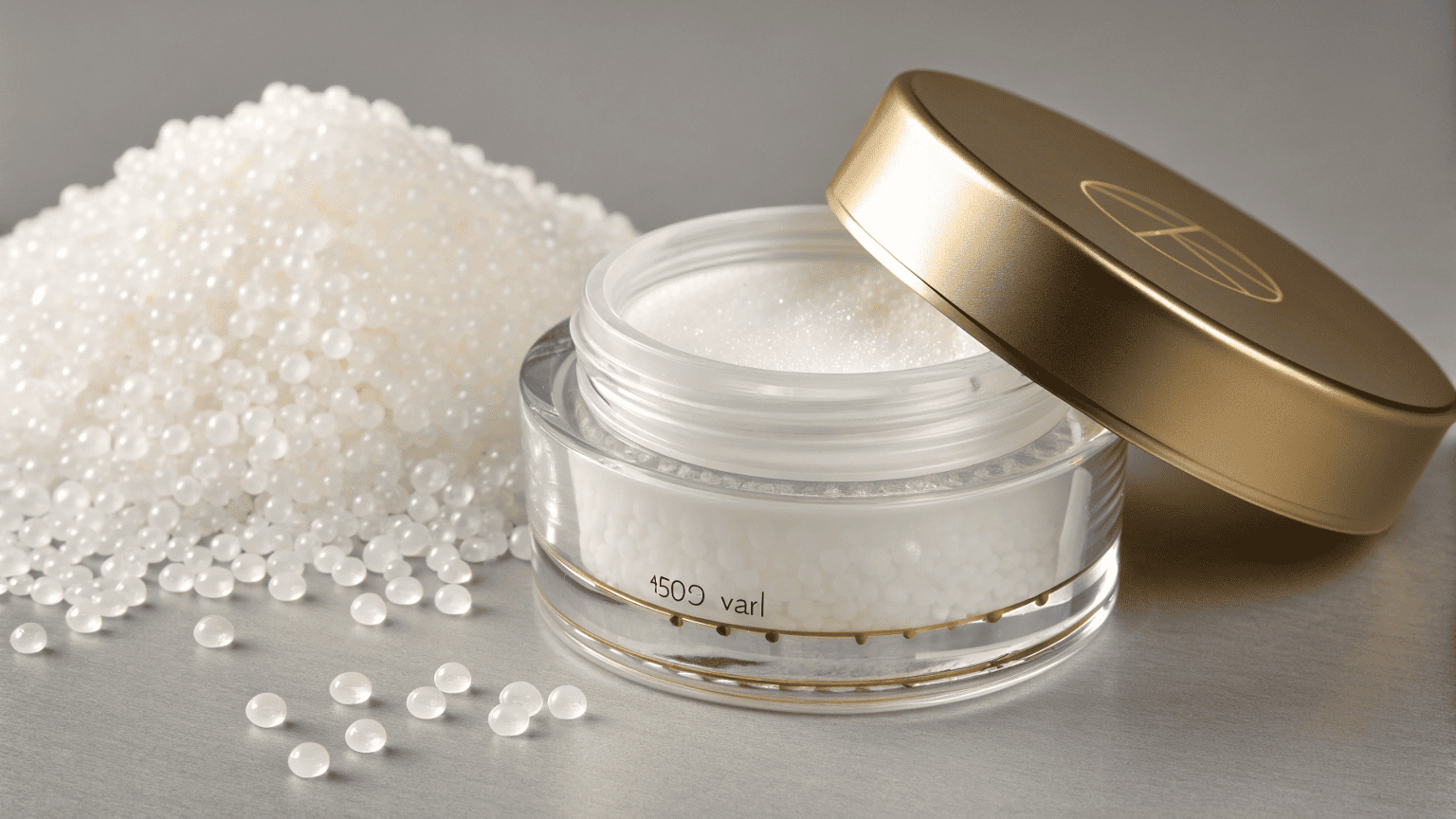 A clear PLA cosmetic jar displayed next to a small pile of PLA resin pellets, showing its clarity and smooth finish