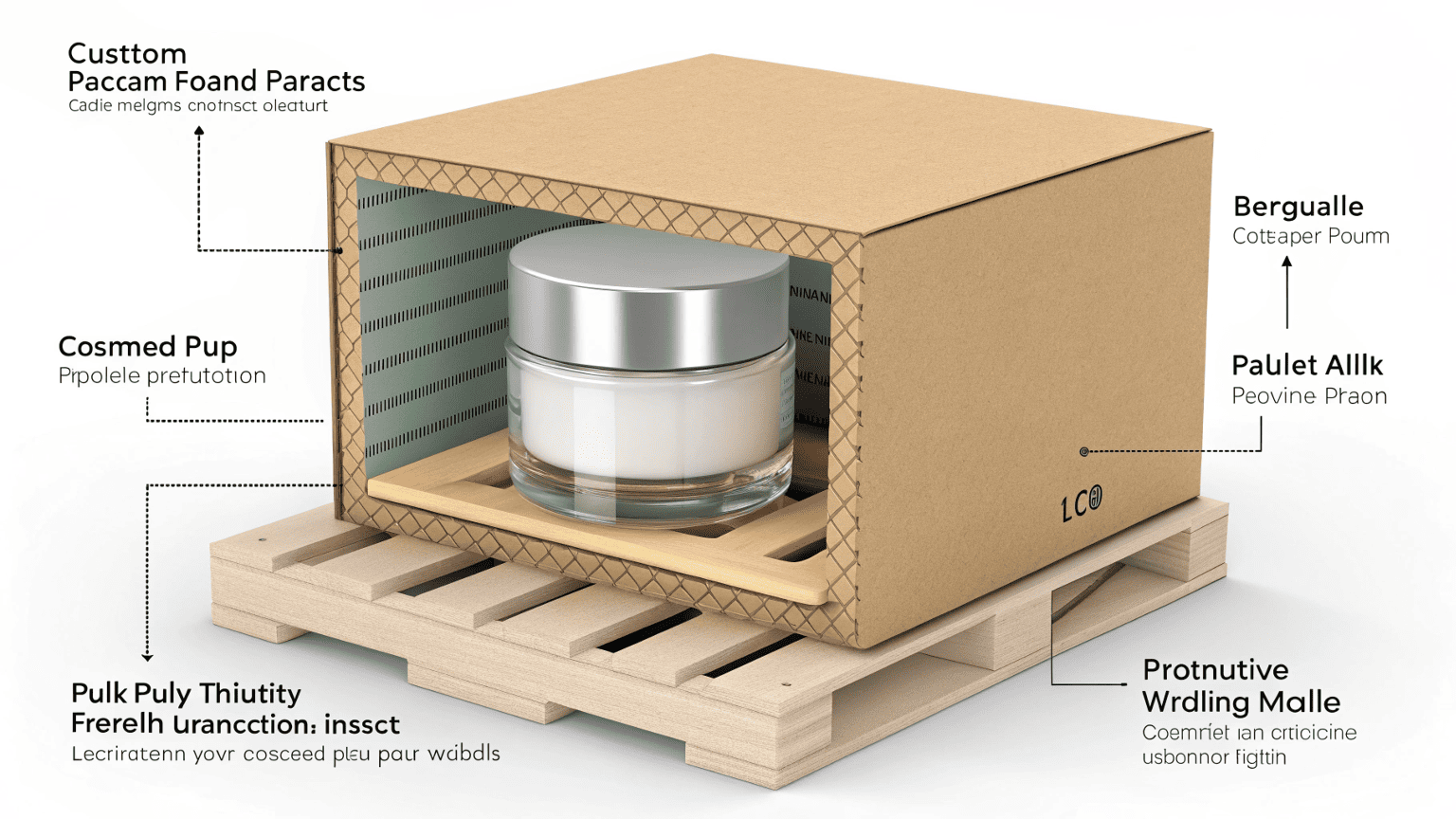Cross-section of a shipping box showing glass bottles protected by custom pulp inserts and layers of packaging