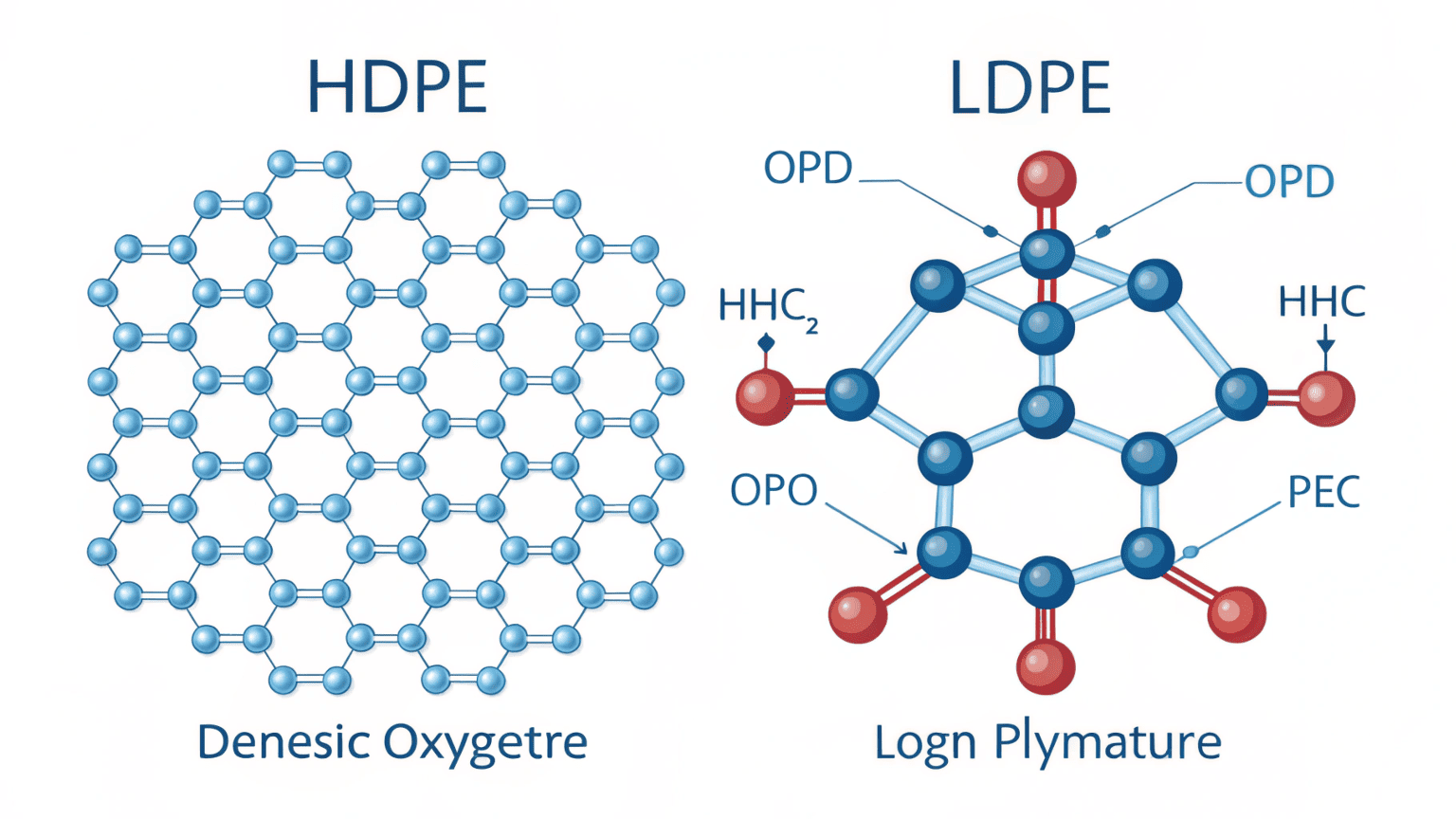 Illustration comparing tightly packed HDPE molecules blocking oxygen and loosely packed LDPE molecules letting oxygen pass through 