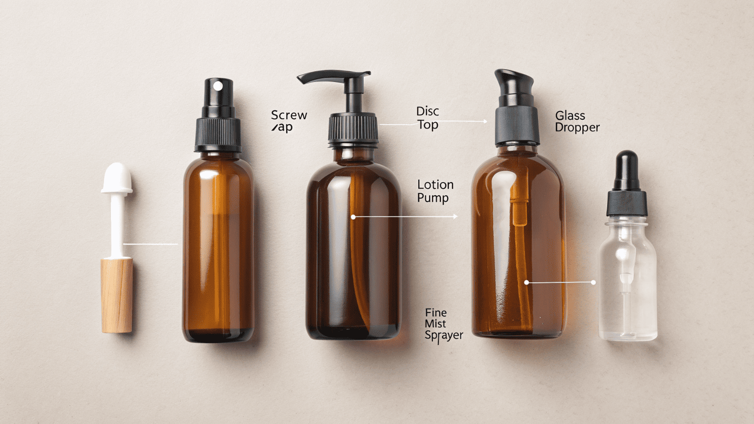 Five cosmetic closures—screw cap, disc top, lotion pump, fine mist sprayer, and glass dropper—displayed side by side for comparison