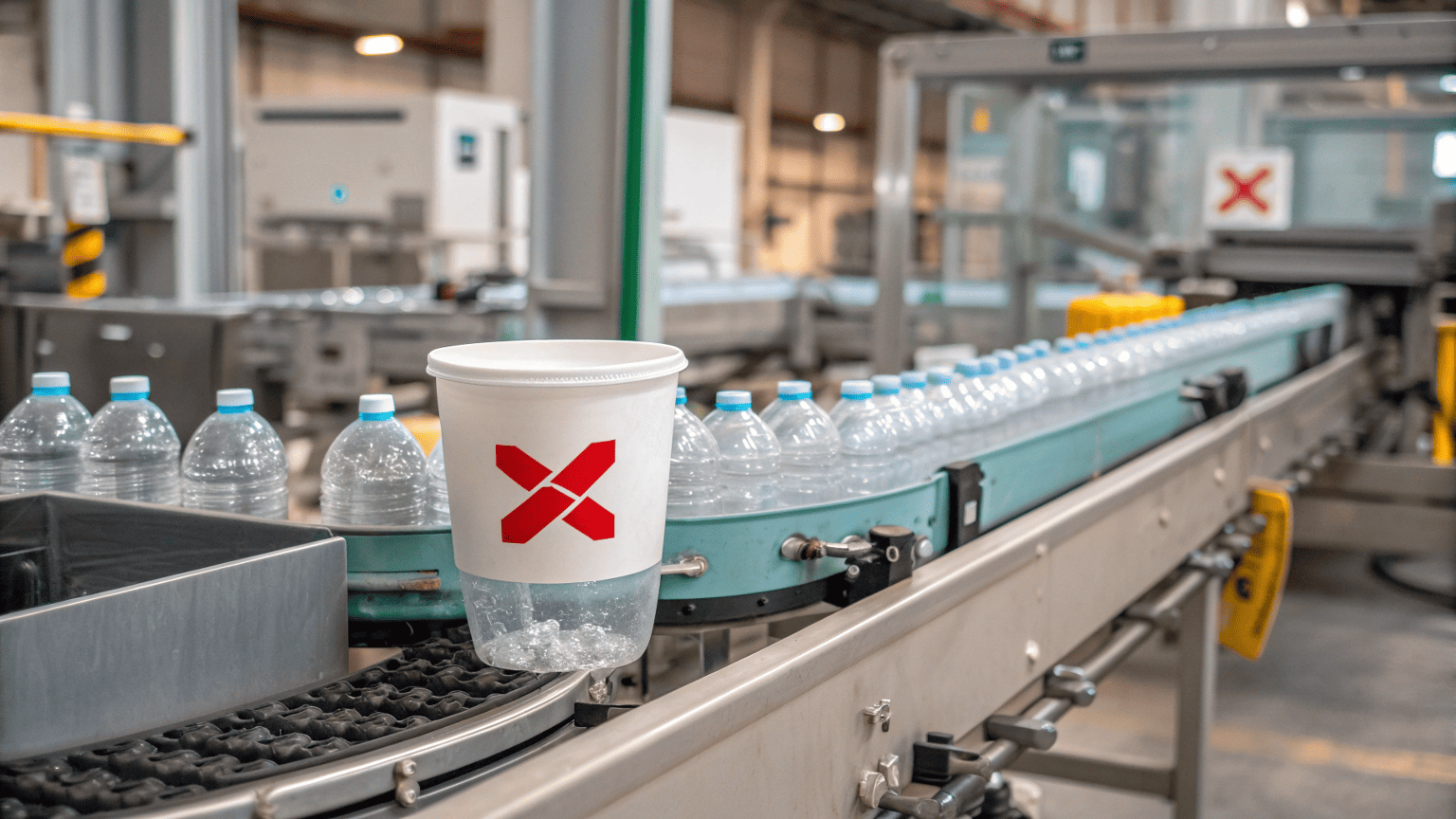 A PLA compostable cup with a red X symbol mixed among clear PET bottles on a recycling conveyor line