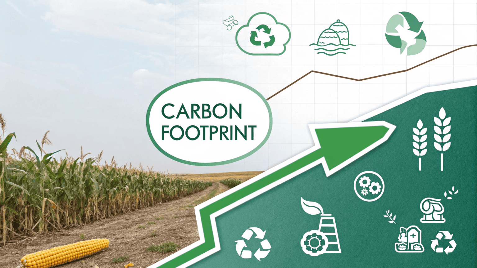 A comparison chart showing a lower carbon footprint line for PLA versus a higher line for traditional plastics