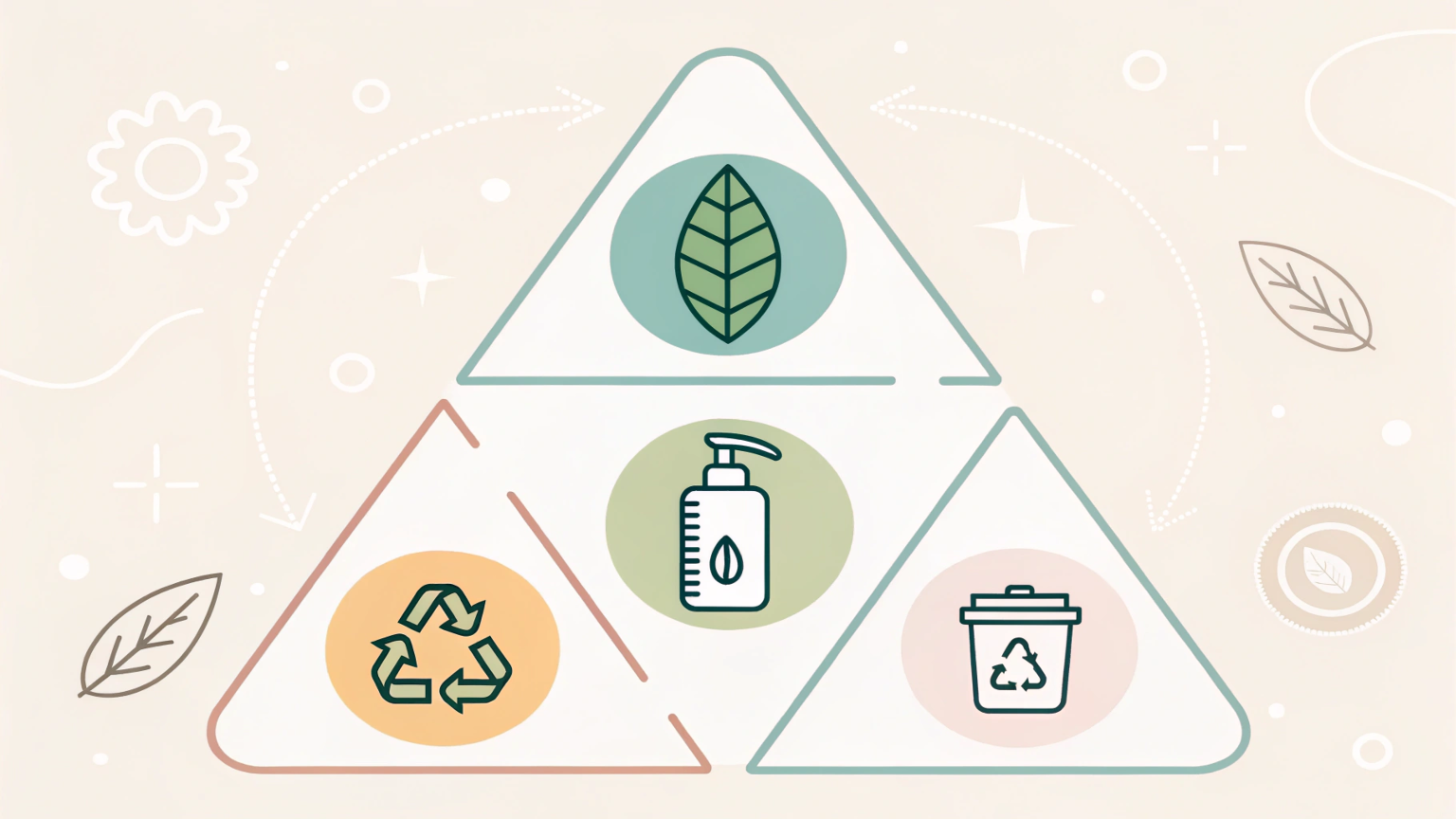 An infographic with icons representing sustainable sourcing, minimalist packaging, and recycling loops