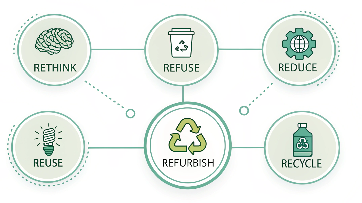 An infographic showing seven icons representing the 7 R’s: rethink, refuse, reduce, reuse, refurbish, recycle, and rot
