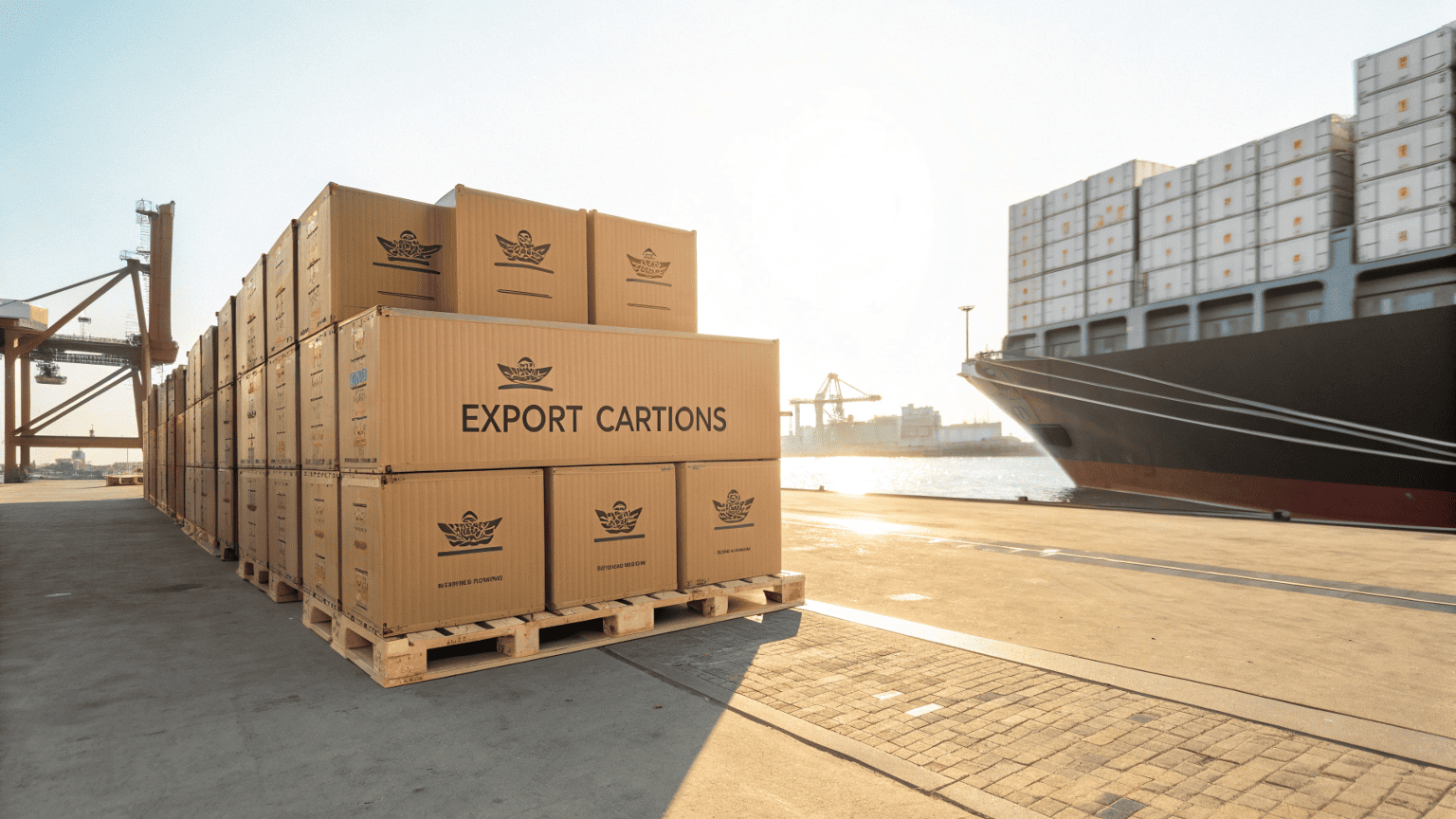 Stacked shipping cartons with Rland’s logo ready for export, with a cargo ship in the background