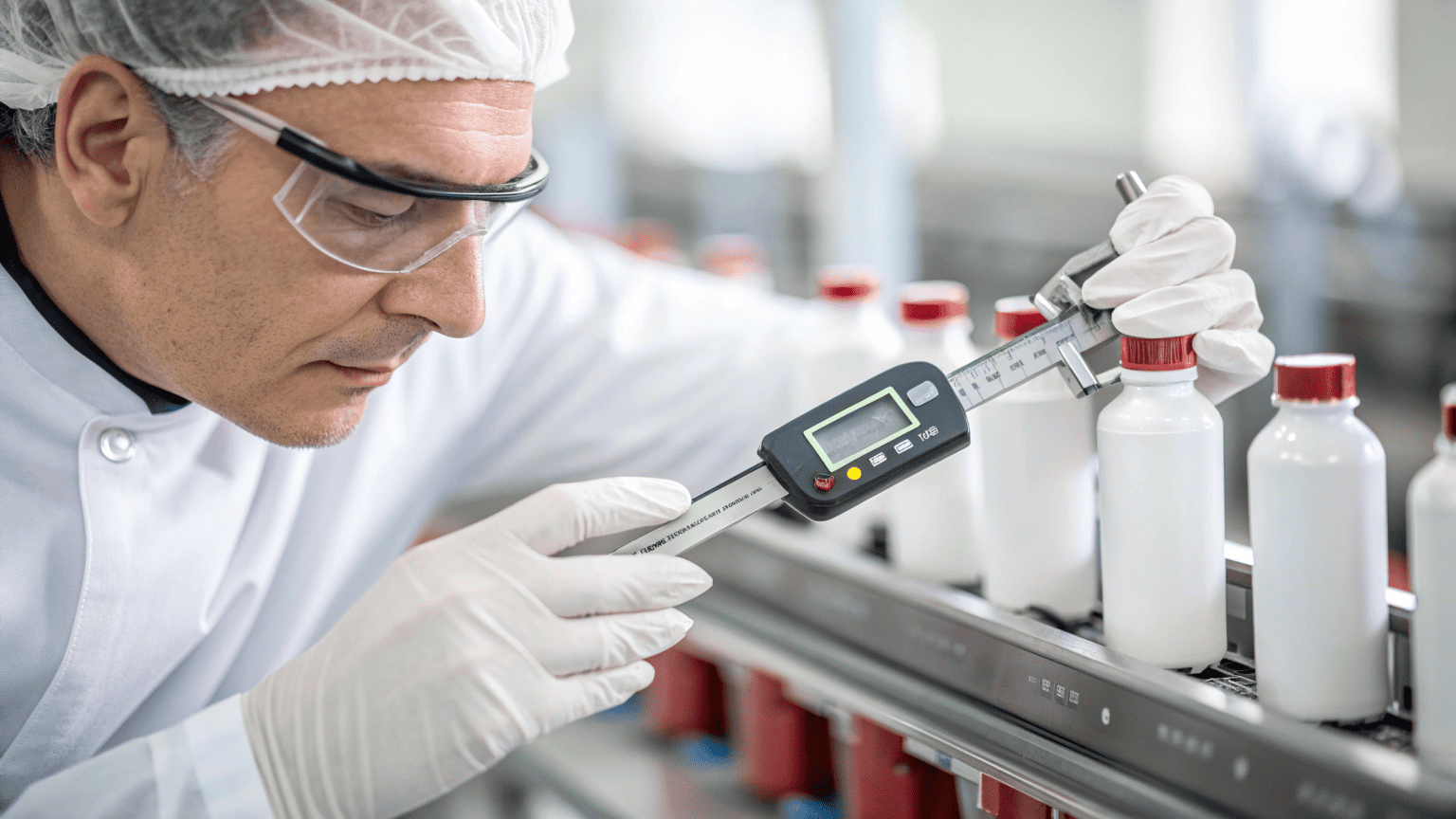 An inspector in a bright, clean factory wearing gloves and using a caliper to measure a cosmetic bottle with precision