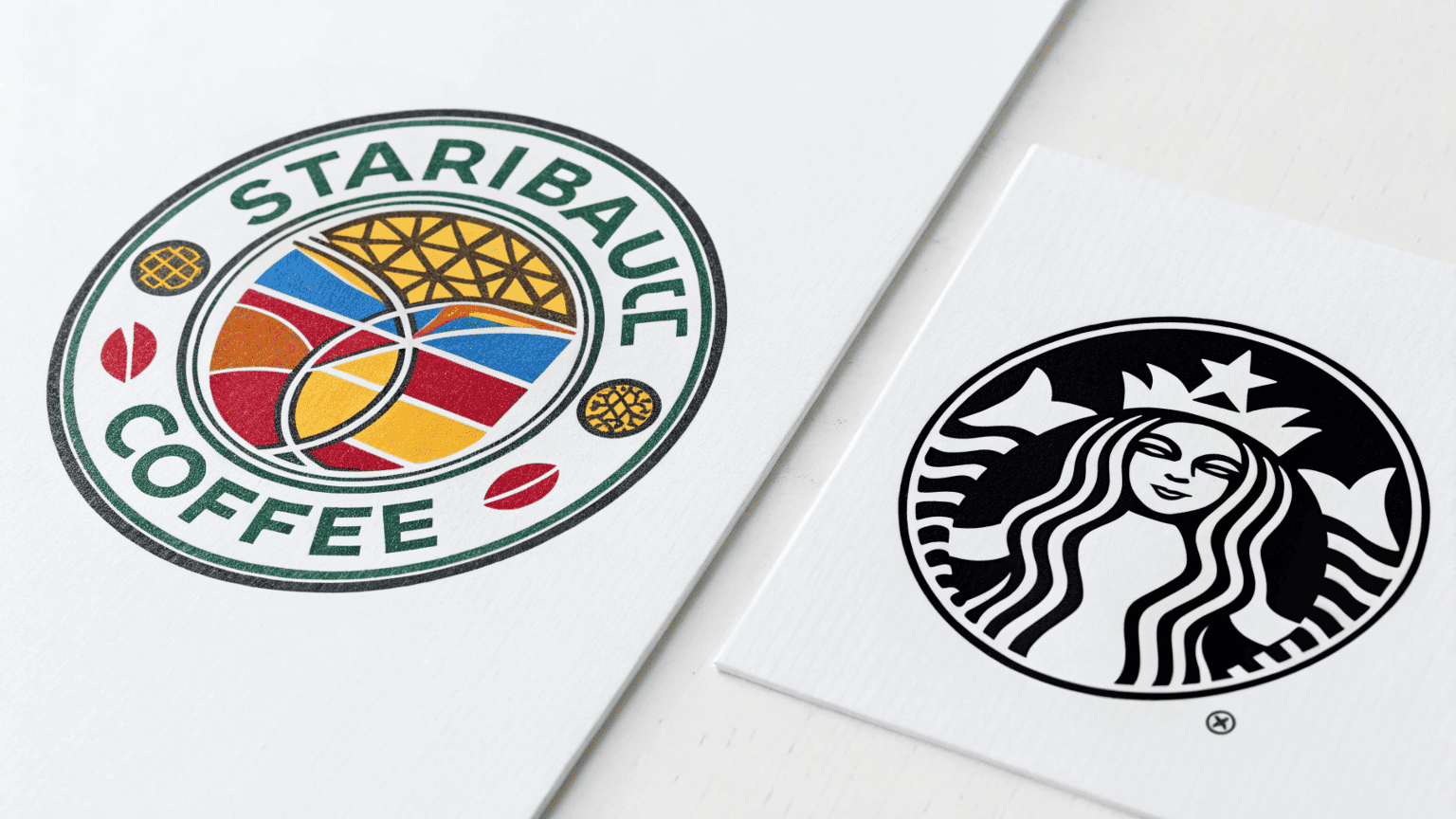 Two brand logos side by side—one colorful and complex, the other a sleek monochrome wordmark with a modern look