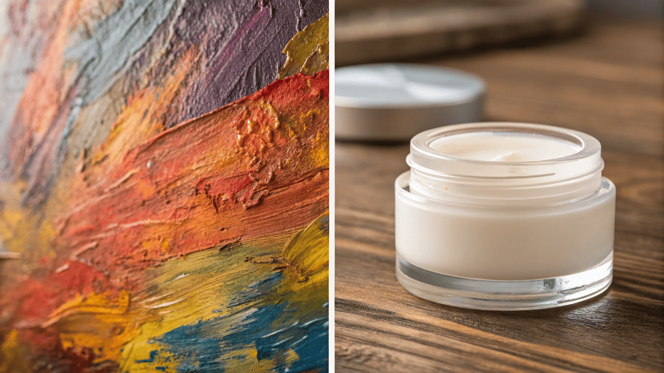 A side-by-side close-up of an oil painting’s textured canvas and a frosted glass cosmetic jar surface
