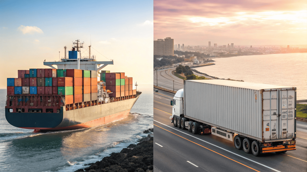 A split image showing a cargo ship at sea beside a local delivery truck on a highway