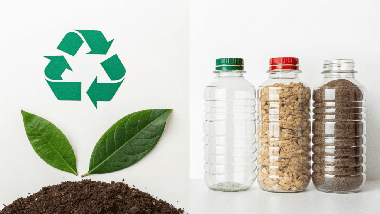 A split image showing a green recycling symbol with an upward arrow labeled “High ROI” and a compost symbol with a flat red arrow labeled “High Risk”