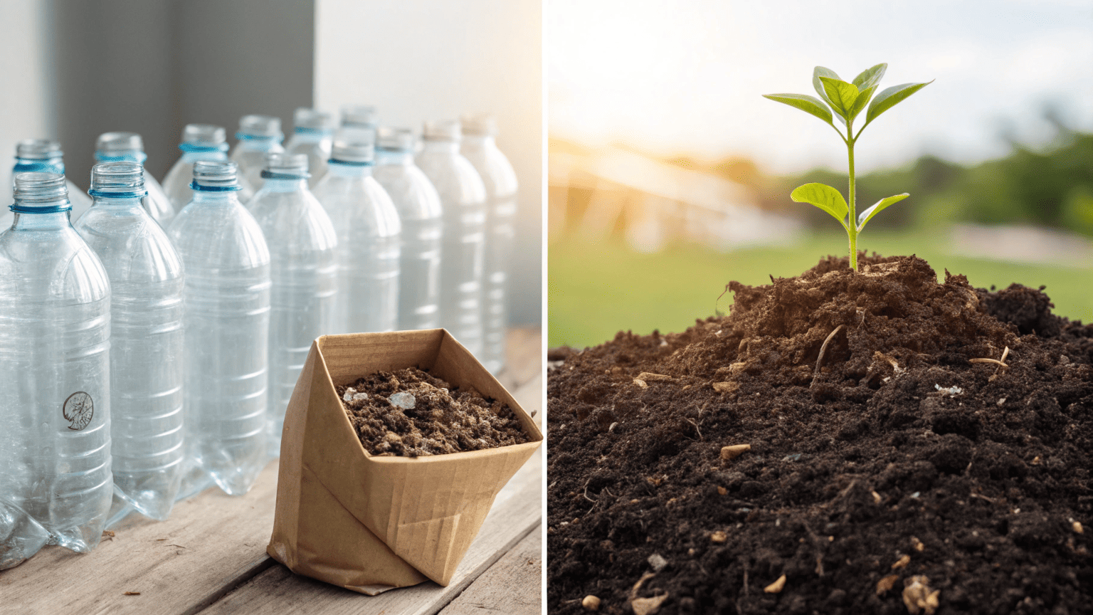 Split image showing clean plastic bottles ready for recycling beside a pile of dark composted soil