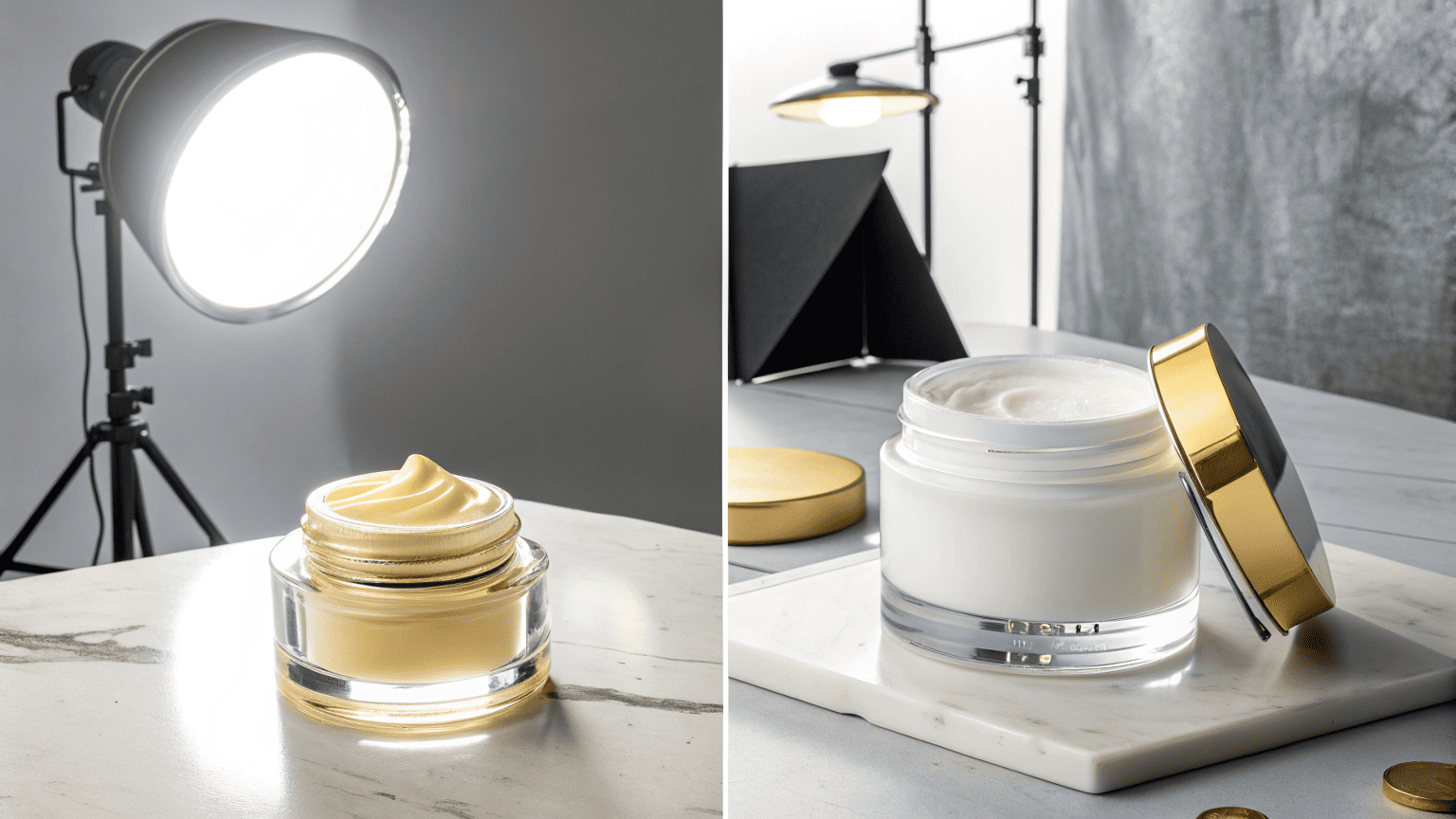 A bright, healthy cosmetic cream in an opaque jar next to a discolored version of the same cream in a clear jar exposed to sunlight