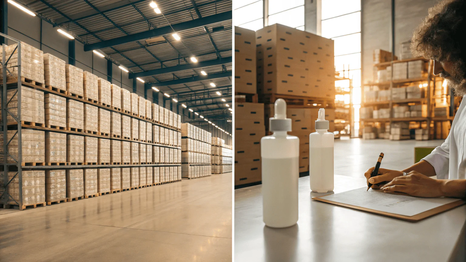 A procurement manager checking a packaging checklist while inspecting a cosmetic bottle sample in a modern factory background