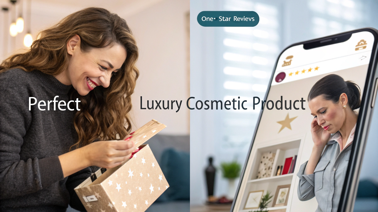 A split image showing a happy customer unboxing a perfect beauty product beside one-star online reviews of defective packaging