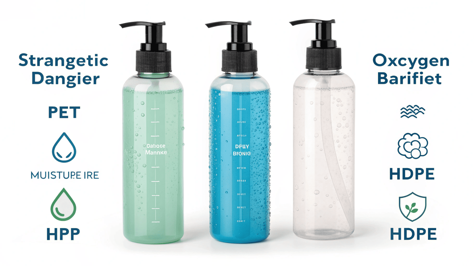 Three cosmetic bottles labeled PET, PP, and HDPE with icons showing their main strengths in oxygen, moisture, and chemical barriers