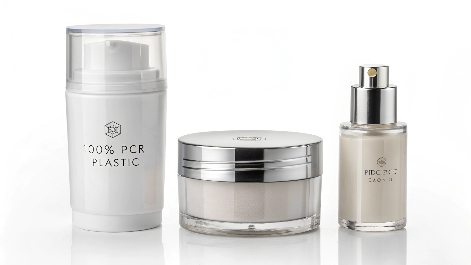 Three eco-packaging examples including a PCR plastic bottle, refill pod, and mono-material cosmetic jar