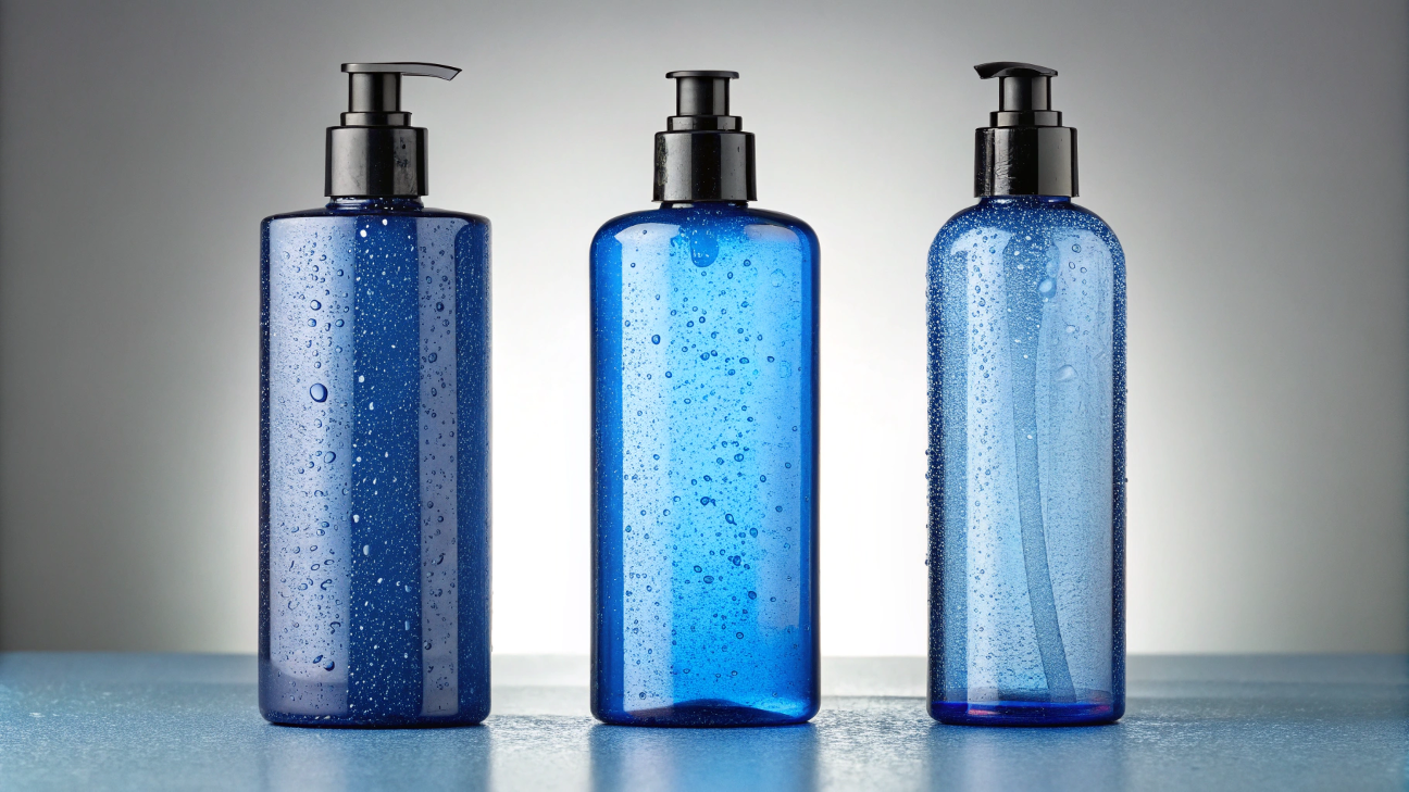 Three blue bottles in gloss, matte, and frosted finishes showing how light changes each color’s tone