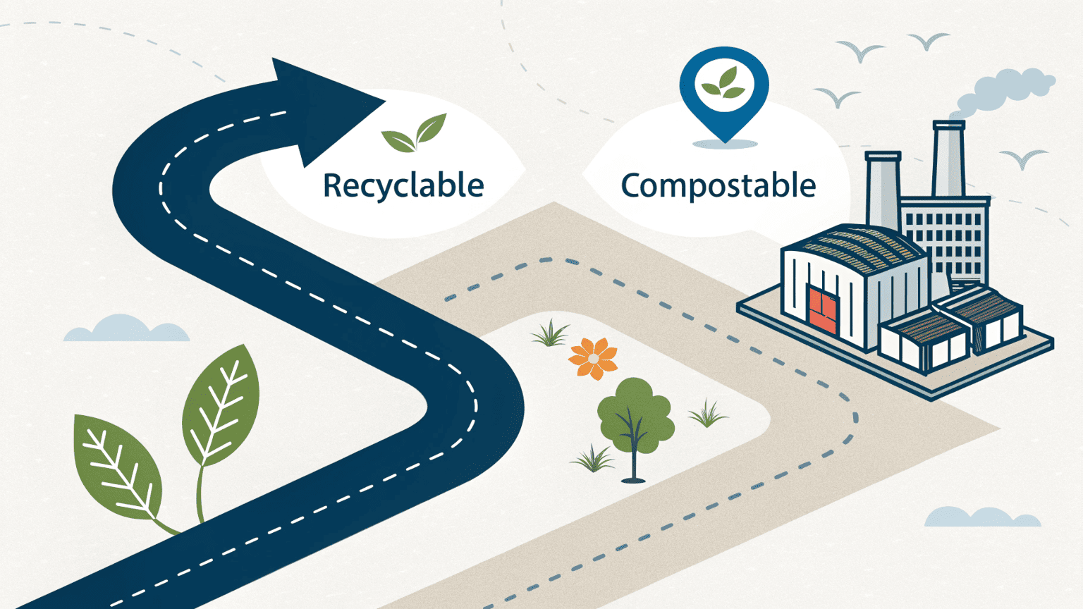 Two diverging paths: one leading to a recycling facility with a circular arrow loop, and the other to an industrial composting plant