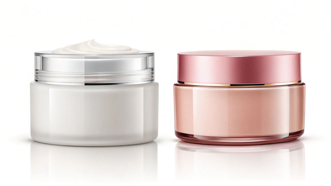 Two identical cosmetic jars, one glossy plastic and one matte textured, highlighting the difference in perceived value