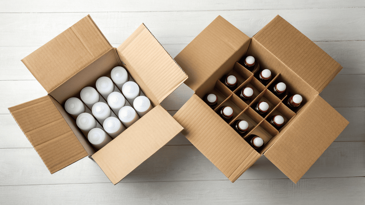Comparison of two boxes—one with round bottles wasting space and one with square bottles perfectly packed