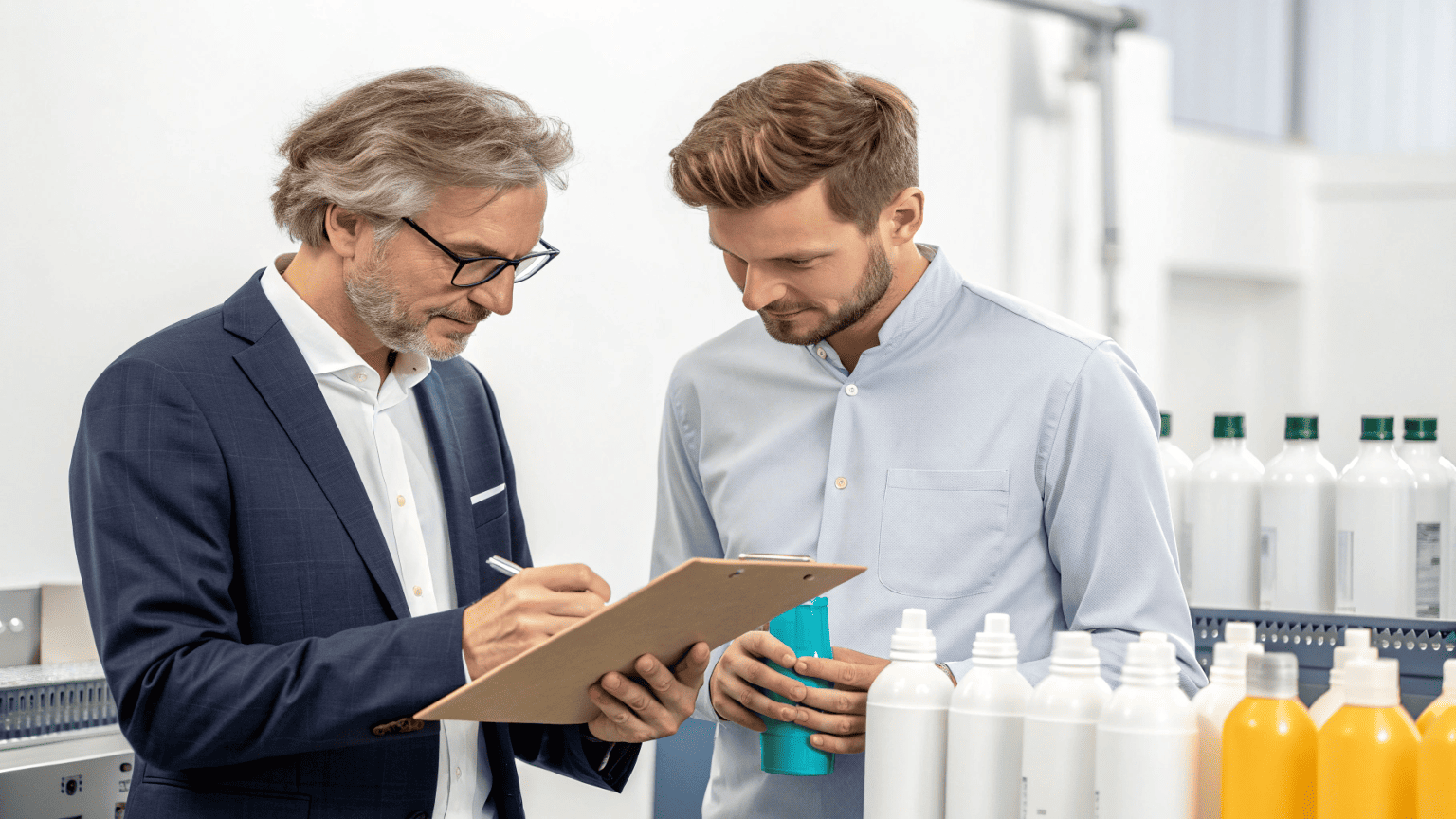 A brand manager pointing at a 3D-printed prototype while discussing packaging options with two engineers during a supplier meeting