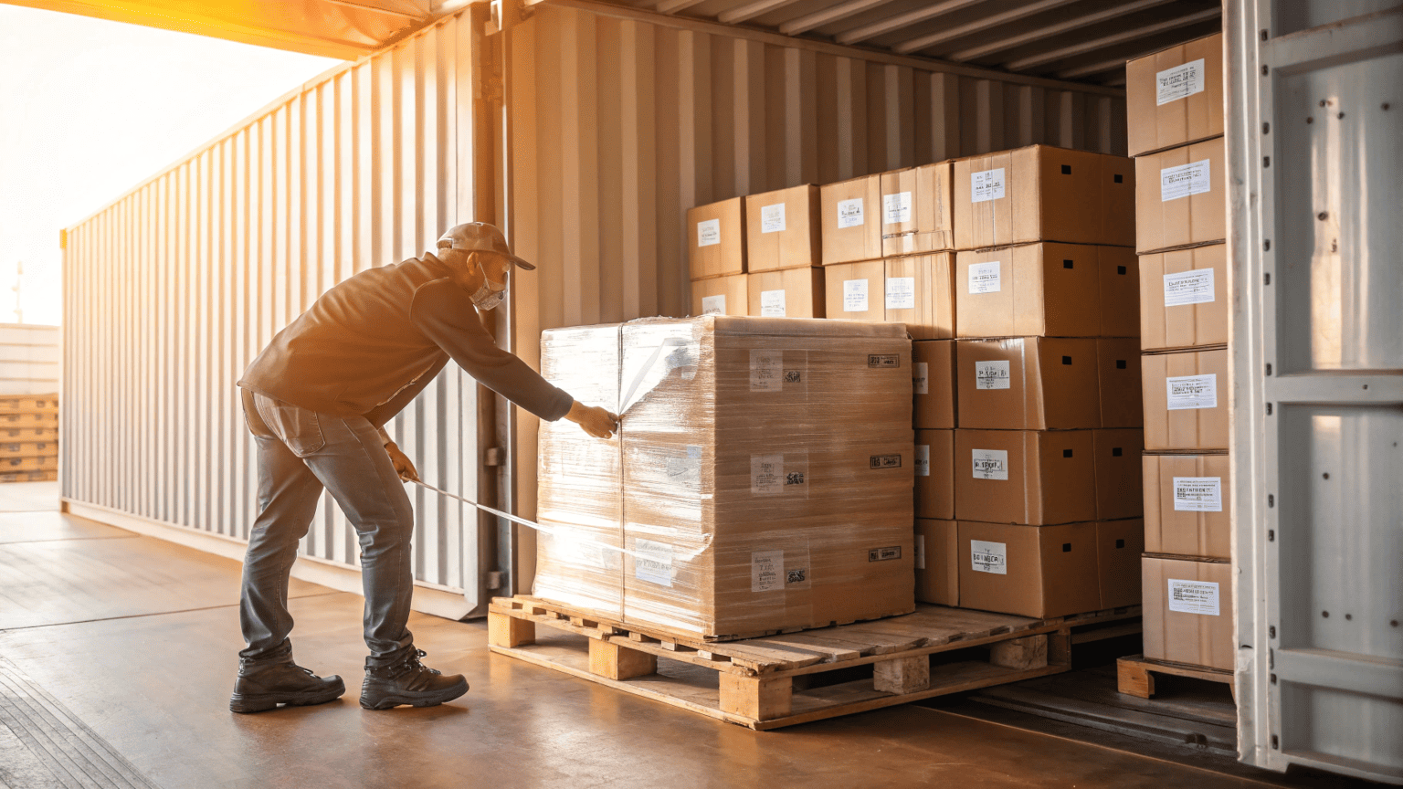 A factory worker carefully stacking sealed cartons onto a pallet inside a container, using corner guards and shrink wrap for protection