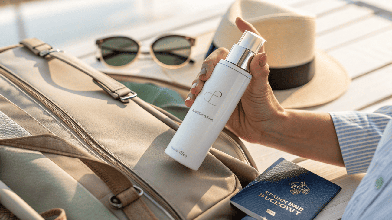 A 50mL airless bottle held in one hand with a travel bag and passport in the background showing its travel-friendly scale